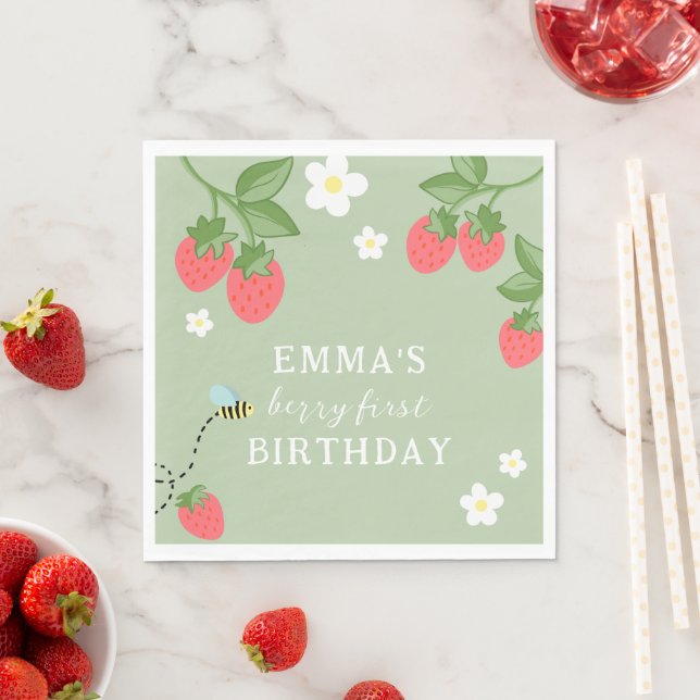 Berry First Girls Strawberry First Birthday Party Napkins (Insitu)