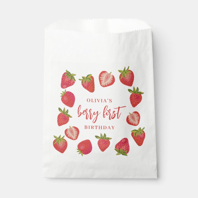 Berry First Girls strawberry Personalized Birthday Favor Bag (Front)