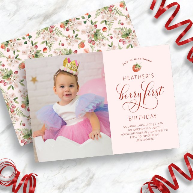 Berry First Photo Birthday Invitation (Pink Berry First Photo Birthday Invitation by Painted Paperie
)