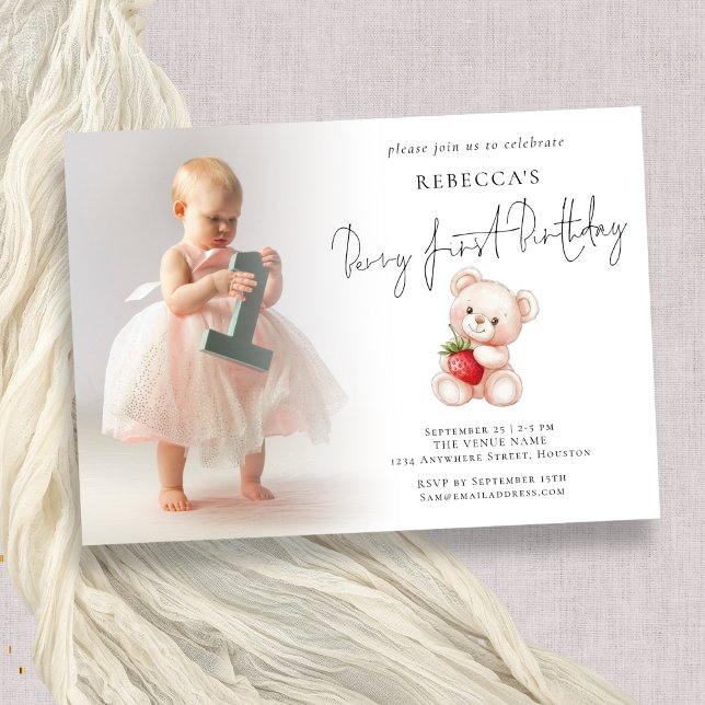 Berry First Photo Overlay 1st Birthday Invitation (Creator Uploaded)