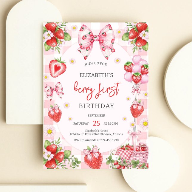 Berry First Pink Bow Strawberry Birthday Invitation (Creator Uploaded)
