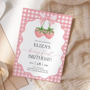 Berry First Pink Gingham Strawberry Birthday Invitation