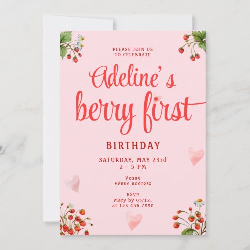 Berry First Pink Strawberry 1st Birthday Party Invitation