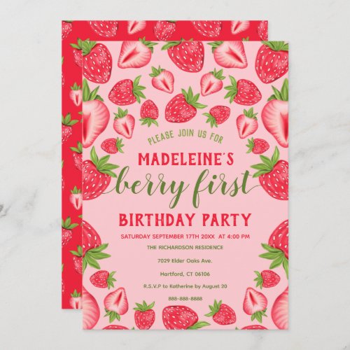 Berry First Pink Strawberry 1st Birthday Party  Invitation