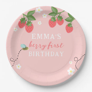 Berry First Pink Strawberry and Flowers Paper Plates