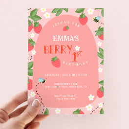 Berry First Pink Strawberry Bees Birthday Party Invitation