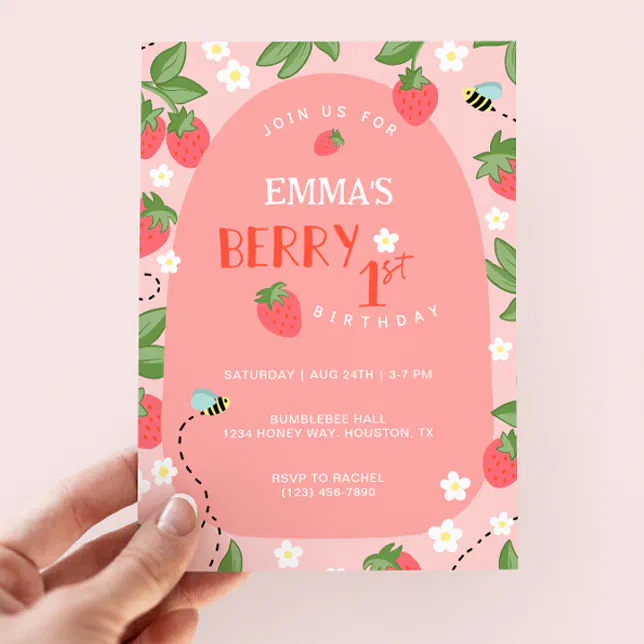 Berry First Pink Strawberry Bees Birthday Party Invitation | Zazzle