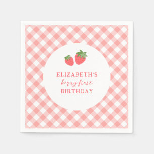 Berry First Pink Strawberry Gingham Birthday Napkins
