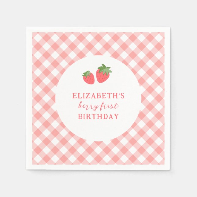 Berry First Pink Strawberry Gingham Birthday Napkins (Front)