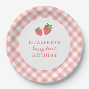 Berry First Pink Strawberry Gingham Paper Plates