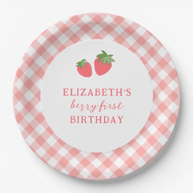 Berry First Pink Strawberry Gingham Paper Plates (Front)