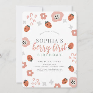 Berry First Pink Strawberry Girl 1st Birthday Invitation
