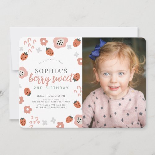 Berry First Pink Strawberry Girl Birthday Photo Invitation