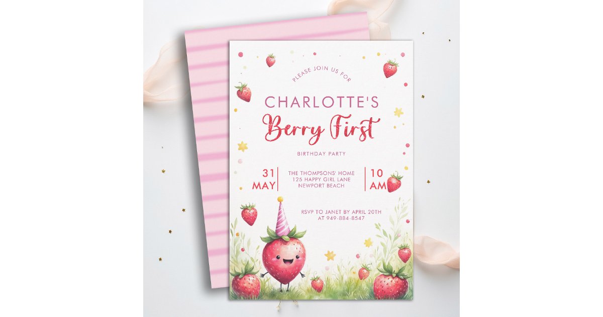 Berry First Pink Strawberry Patch 1st Birthday Invitation | Zazzle