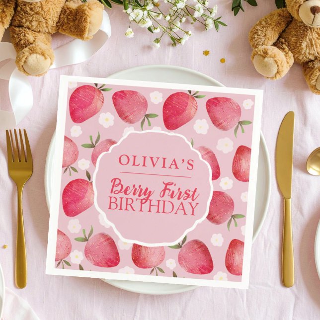Berry First Red Strawberry Birthday Napkins (Creator Uploaded)