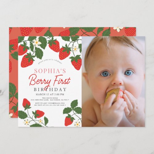 Berry First Red Strawberry Photo 1st Birthday Invitation