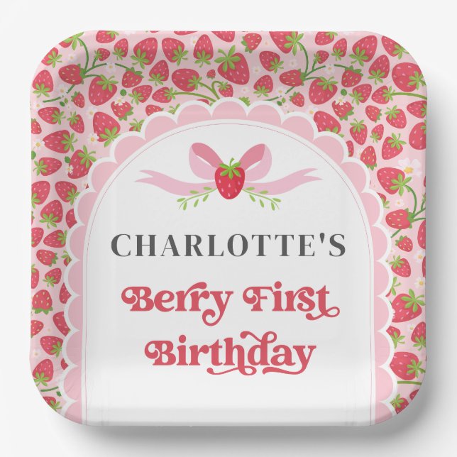 Berry First Strawberry 1st Birthday 9" Square Paper Plates (Front)