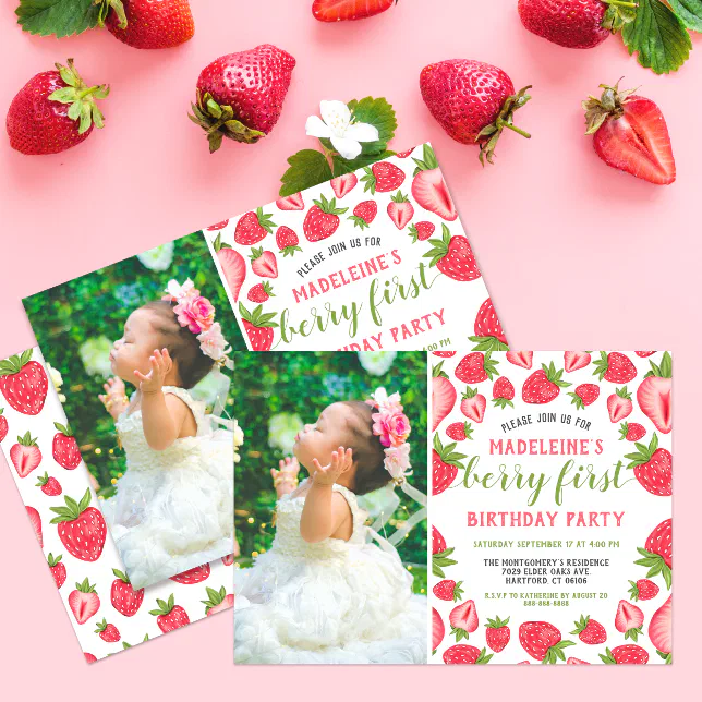 Berry First Strawberry 1st Birthday Custom Photo Invitation | Zazzle