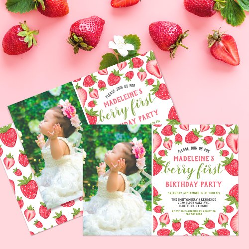 Berry First Strawberry 1st Birthday Custom Photo Invitation