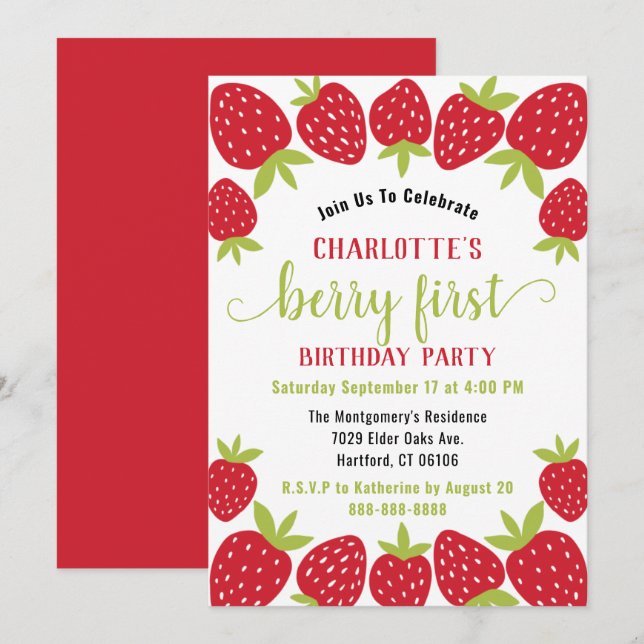  Berry First Strawberry 1st Birthday Party Custom Invitation (Front/Back)