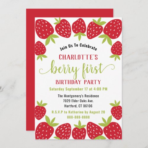 Berry First Strawberry 1st Birthday Party Custom Invitation