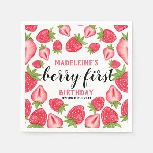 Berry First Strawberry 1st Birthday Party Custom Napkins