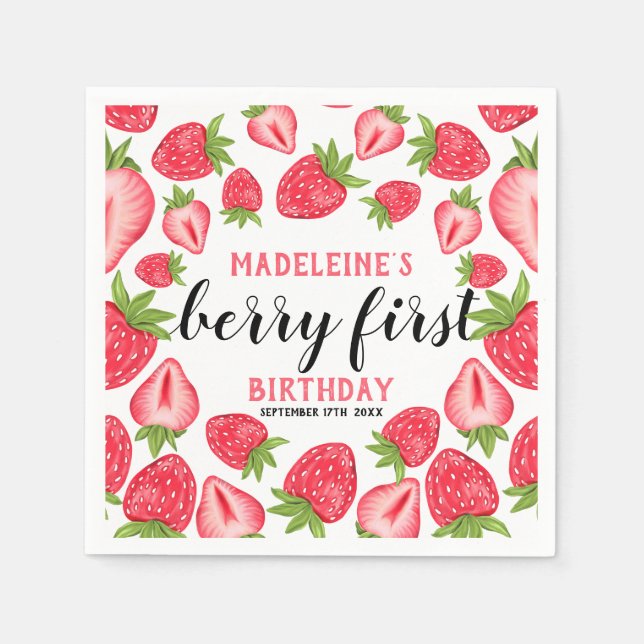 Berry First Strawberry 1st Birthday Party Custom Napkins (Front)
