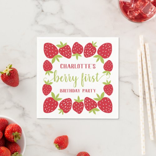  Berry First Strawberry 1st Birthday Party Custom Napkins