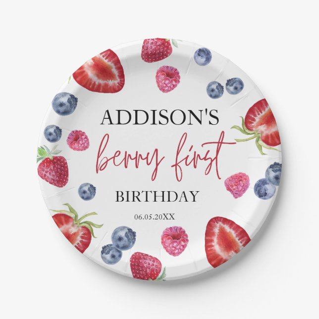 Berry First Strawberry 1st Birthday Party Custom Paper Plates (Front)