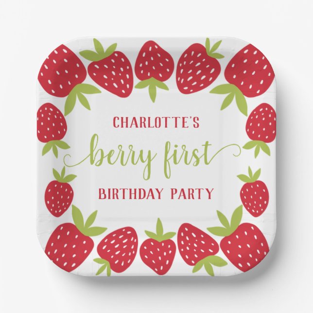  Berry First Strawberry 1st Birthday Party Custom Paper Plates (Front)