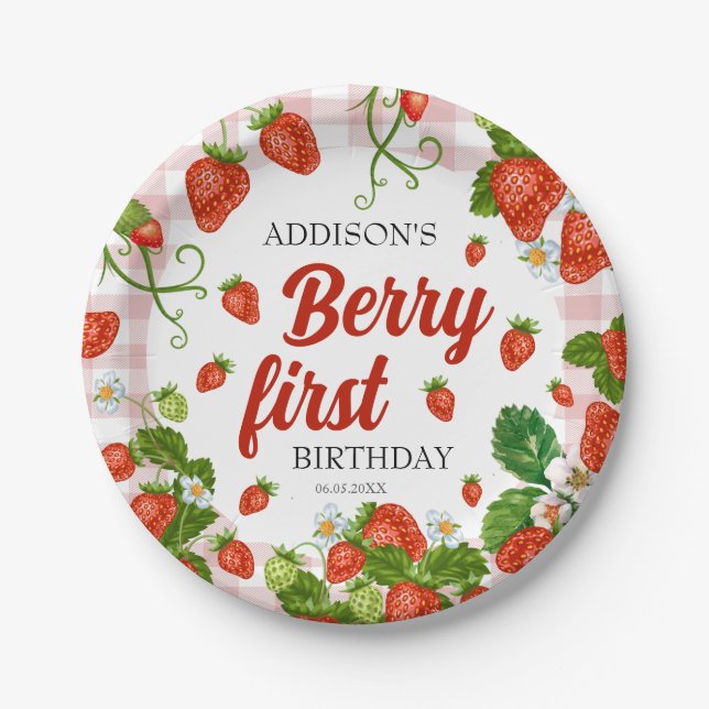 Berry First Strawberry 1st Birthday Party Custom Paper Plates (Front)