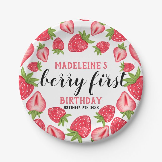 Berry First Strawberry 1st Birthday Party Custom Paper Plates (Front)