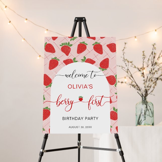 Berry First Strawberry 1st Birthday Party Foam Board (In Situ (Stand))