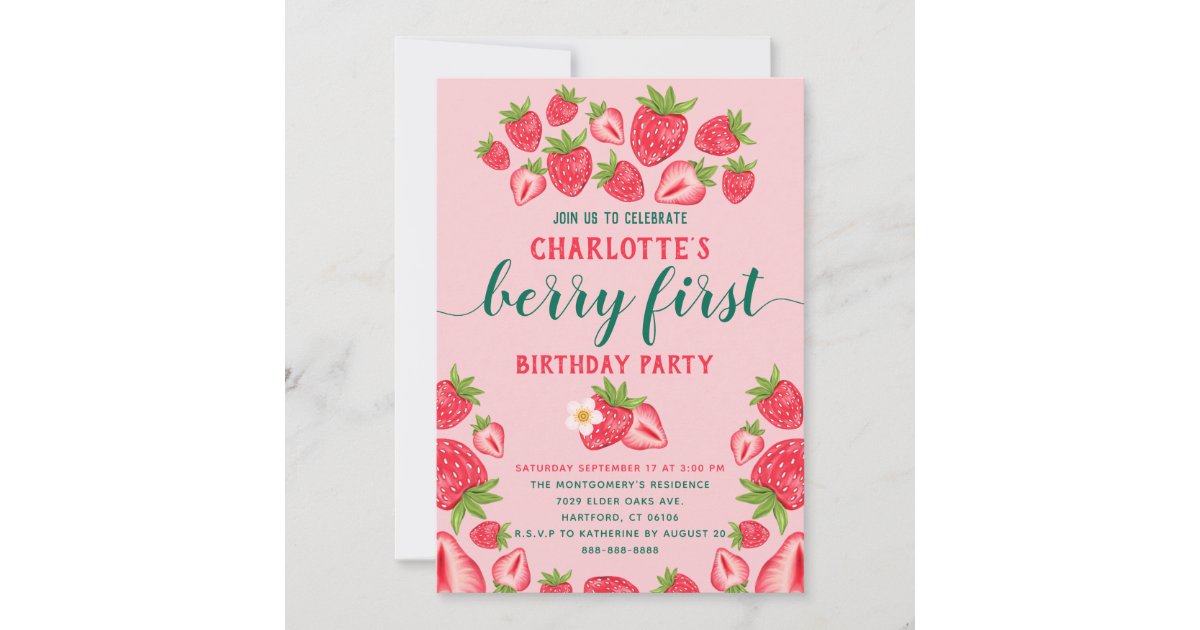 Berry First Strawberry 1st Birthday Party Girl Invitation | Zazzle