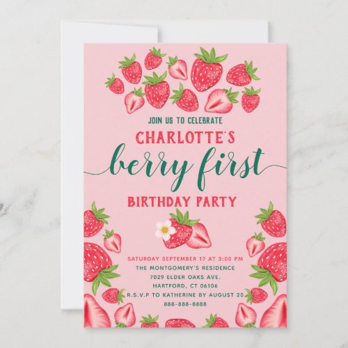 Berry First Strawberry 1st Birthday Party Girl  Invitation