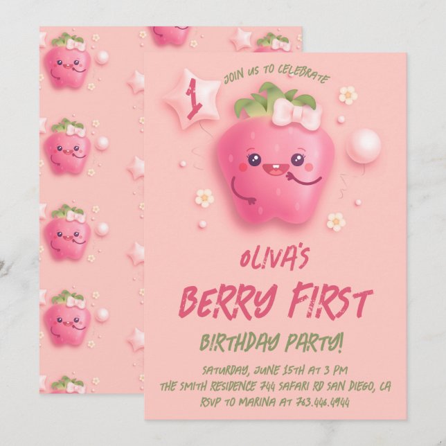 Berry First Strawberry 1st Birthday Party Invitat Invitation (Front/Back)