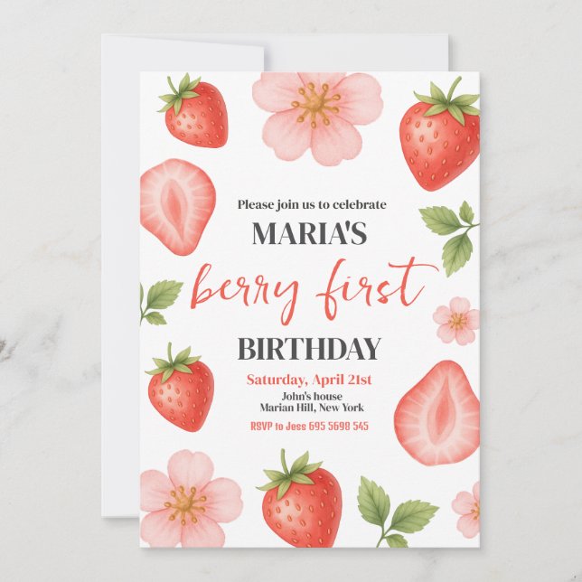 Berry First Strawberry 1st Birthday Party Invitation (Front)