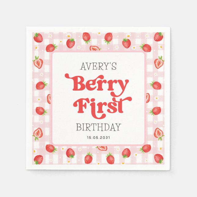 Berry First Strawberry 1st Birthday Party Napkins (Front)