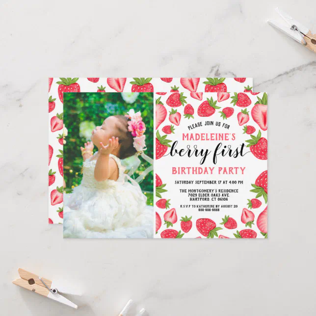 Berry First Strawberry 1st Birthday Party Photo Invitation | Zazzle