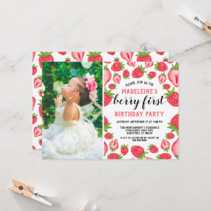 Berry First Strawberry 1st Birthday Party Photo Invitation