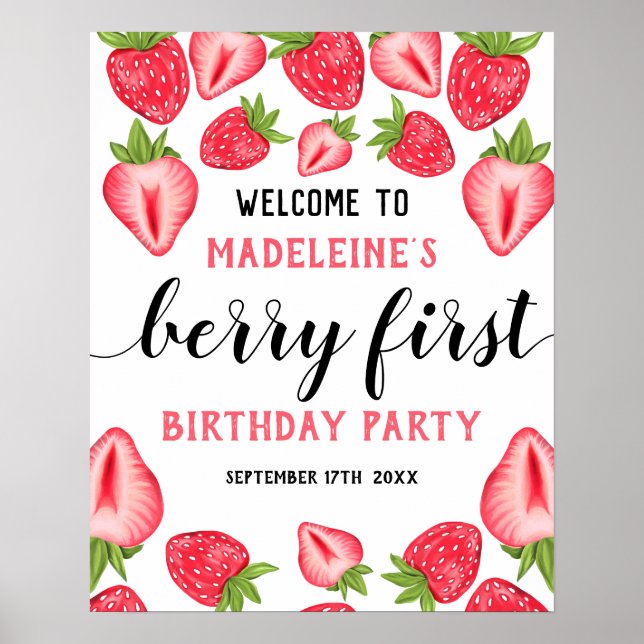 Berry First Strawberry 1st Birthday Party Welcome  Poster (Front)