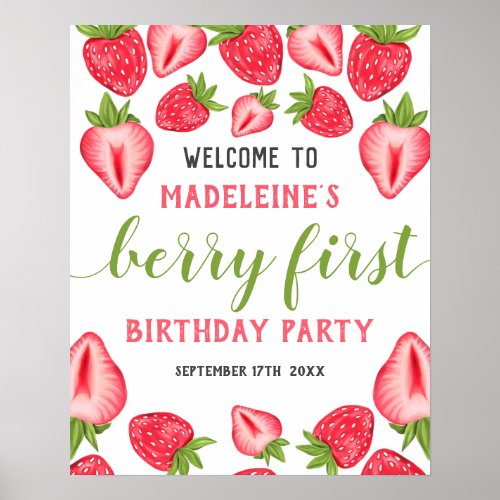 Berry First Strawberry 1st Birthday Party Welcome  Poster