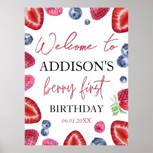 Berry First Strawberry 1st Birthday Party Welcome Poster
