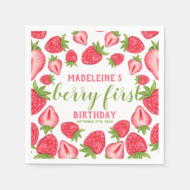 Berry First Strawberry 1st Birthday Personalized Napkins (Front)
