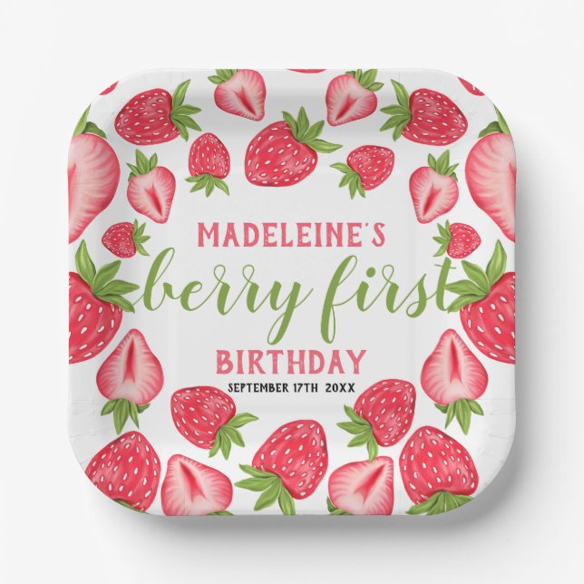 Berry First Strawberry 1st Birthday Personalized Paper Plates (Front)