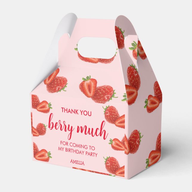Berry First | Strawberry 1st Birthday pink Favor Boxes (Front Side)