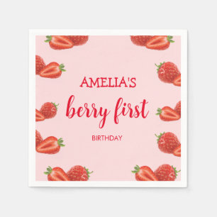 Berry First Strawberry 1st Birthday pink Napkins