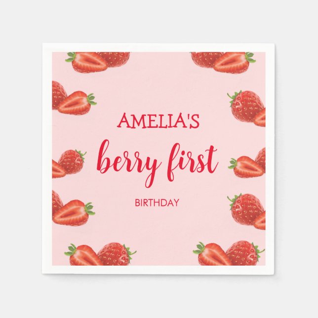 Berry First | Strawberry 1st Birthday pink Napkins (Front)