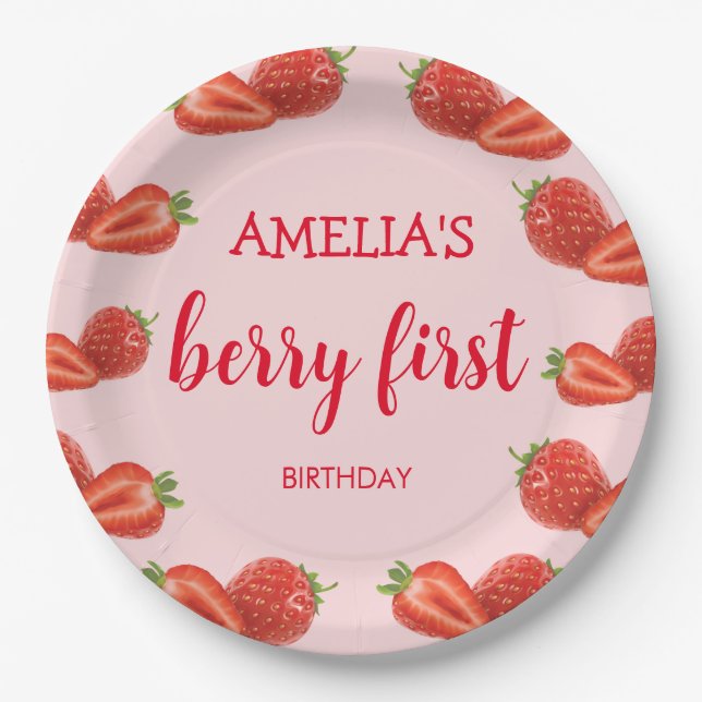 Berry First | Strawberry 1st Birthday pink Paper Plates (Front)