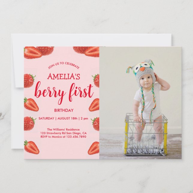 Berry First | Strawberry 1st Birthday pink Photo Invitation (Front)